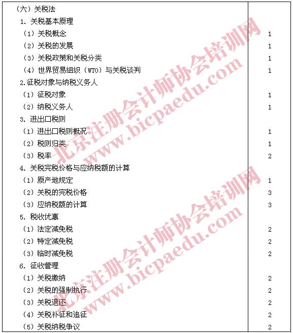 2011年注册会计师专业阶段税法考试大纲