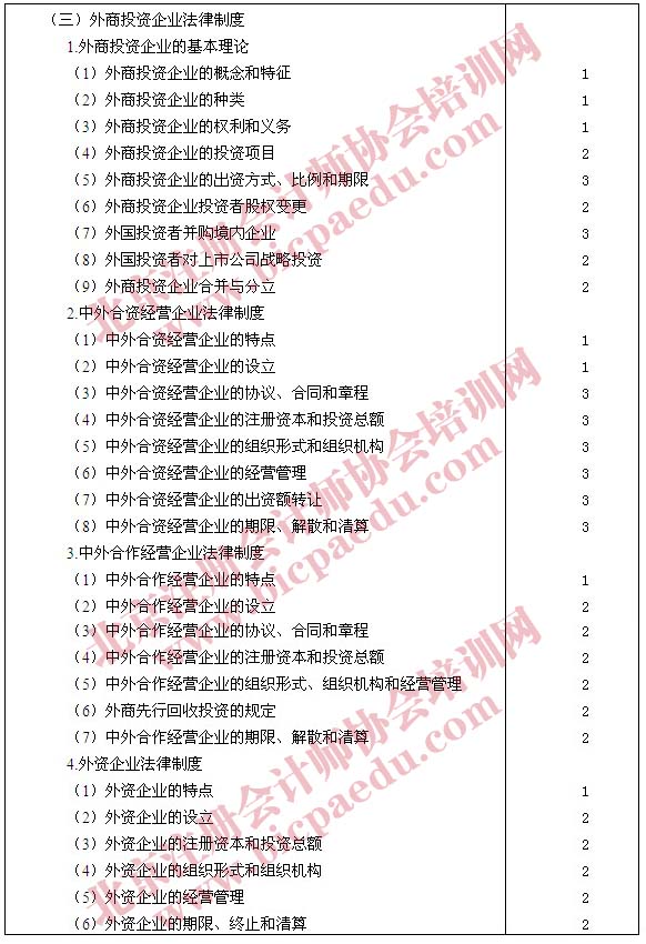 2011年注册会计师专业阶段经济法考试大纲