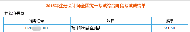 2015年任思蒙注册会计师综合阶段考试成绩单